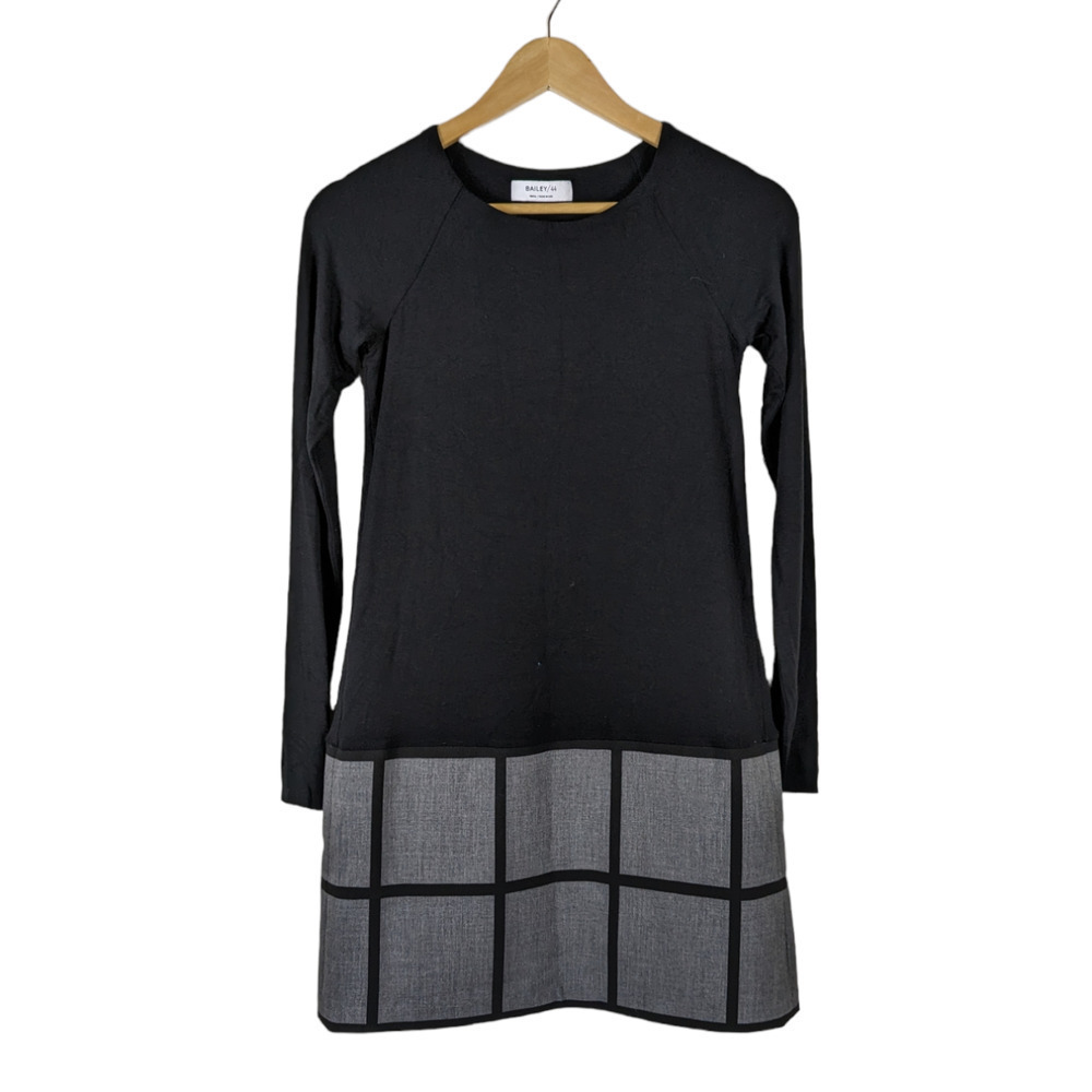 Bailey 44 Dress Small Black Gray Knit Woven Long Sleeve Crew Neck Shift Mini